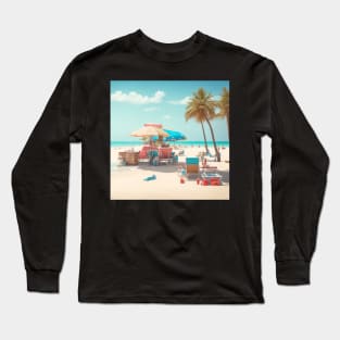 A vibrant beach scene with a bright blue sky, white sand, and a gentle breeze. Long Sleeve T-Shirt